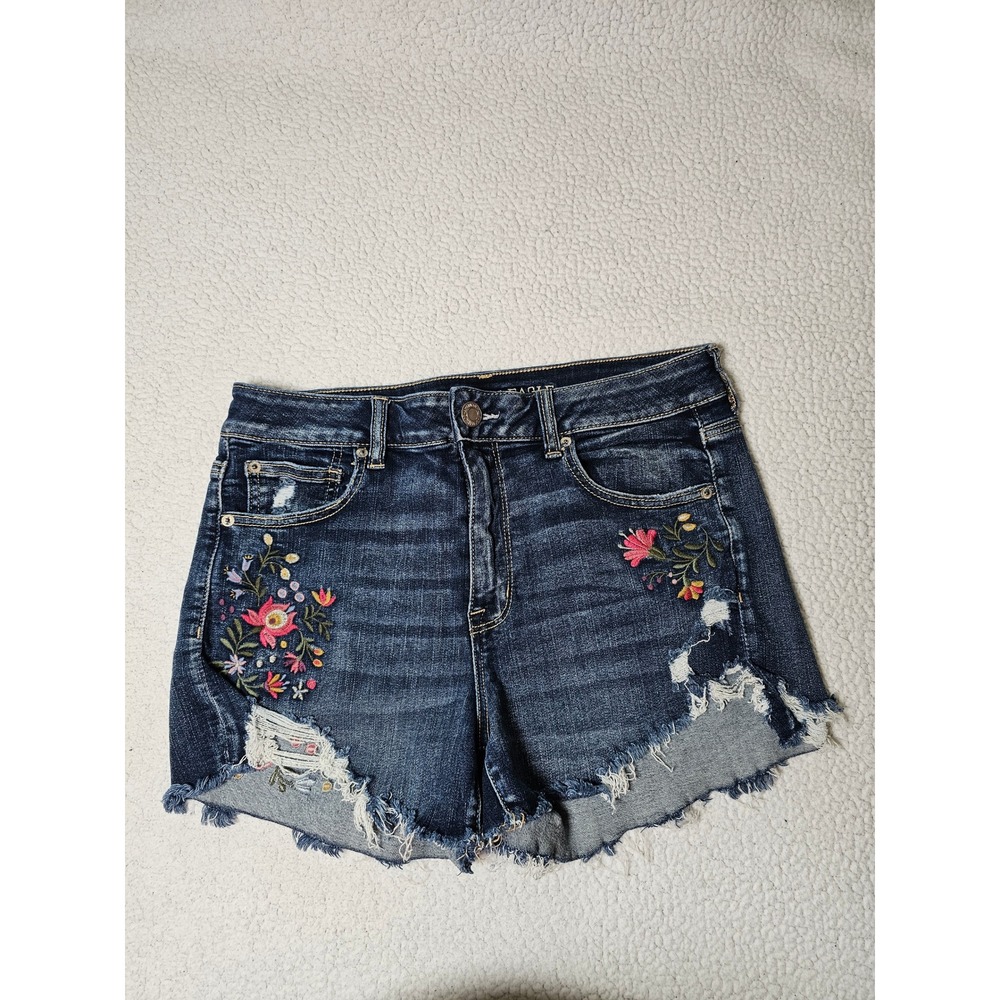 American Eagle Floral Embroidered Distressed Denim Shorts Dark Wash Sz 14